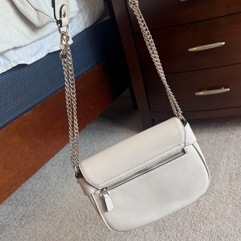 GUESS Cream Pebbled Leather Crossbody with Gold Triangle Logo
